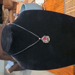 Cookie Lee Black Cord Rose Necklace With Red Australian Crystal